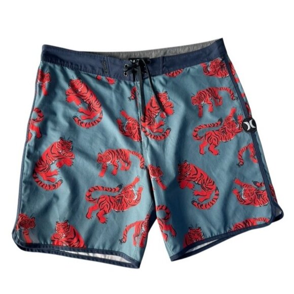 Hurley Phantom Men's Sz 34 Blue W/ Orange Tiger Print Boardshorts Board Shorts - Picture 1 of 8